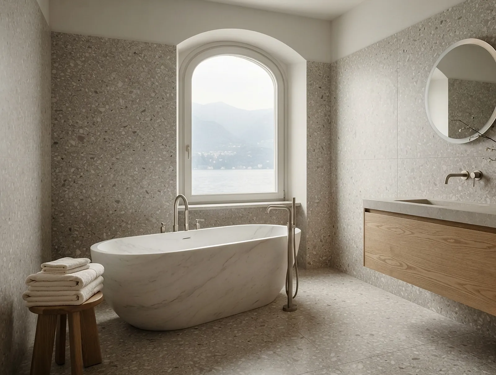 Terrazzo bathroom with stone bath and arched window