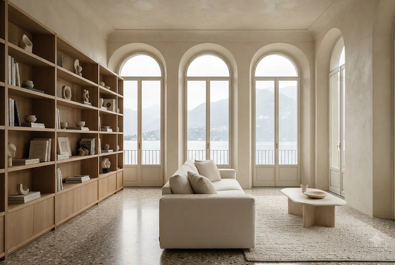 Living room with arched windows and ash library wall