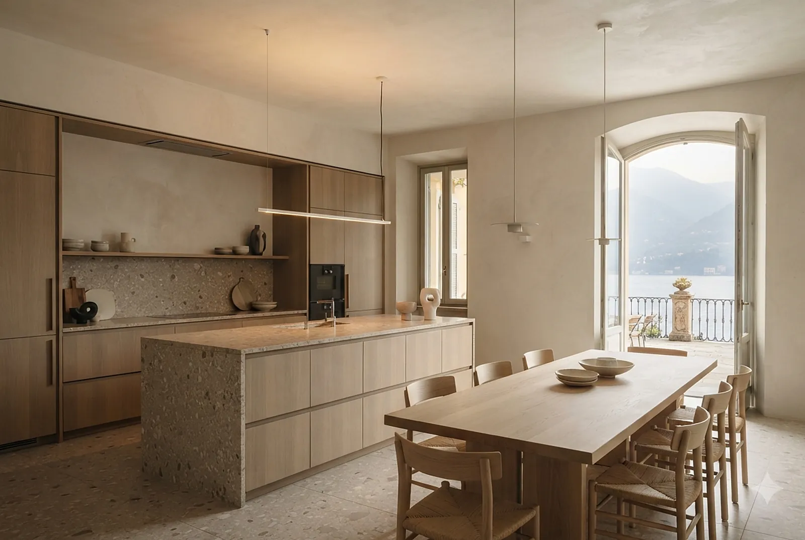 Long kitchen with terrazzo island and oak dining table