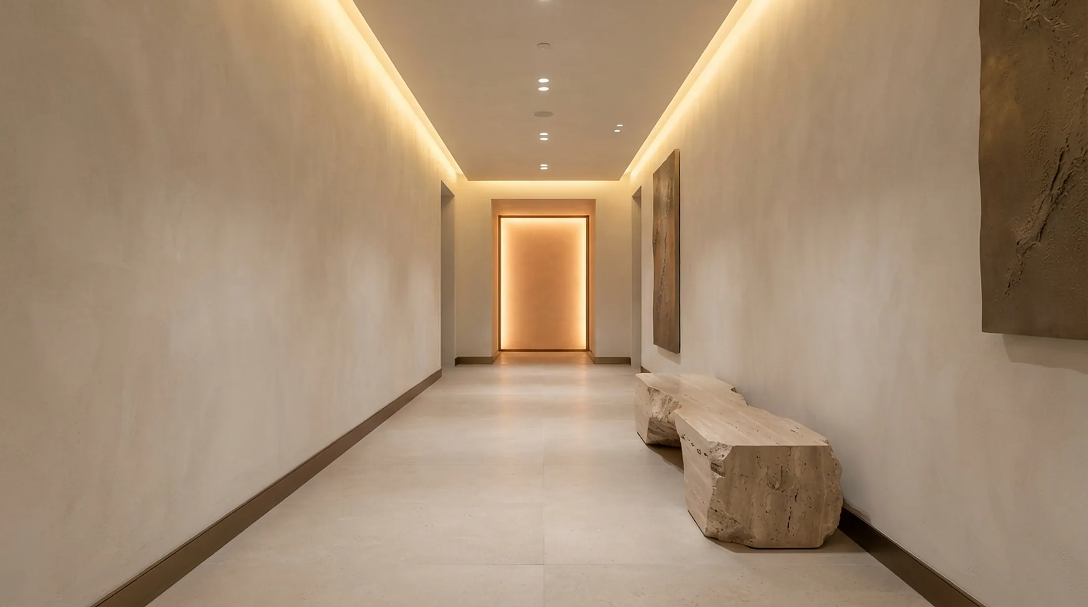 Showroom corridor with warm cove lighting and a stone bench