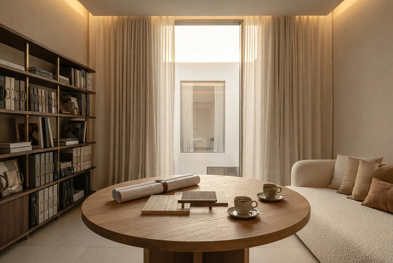 Private consultation room with a round oak table and samples