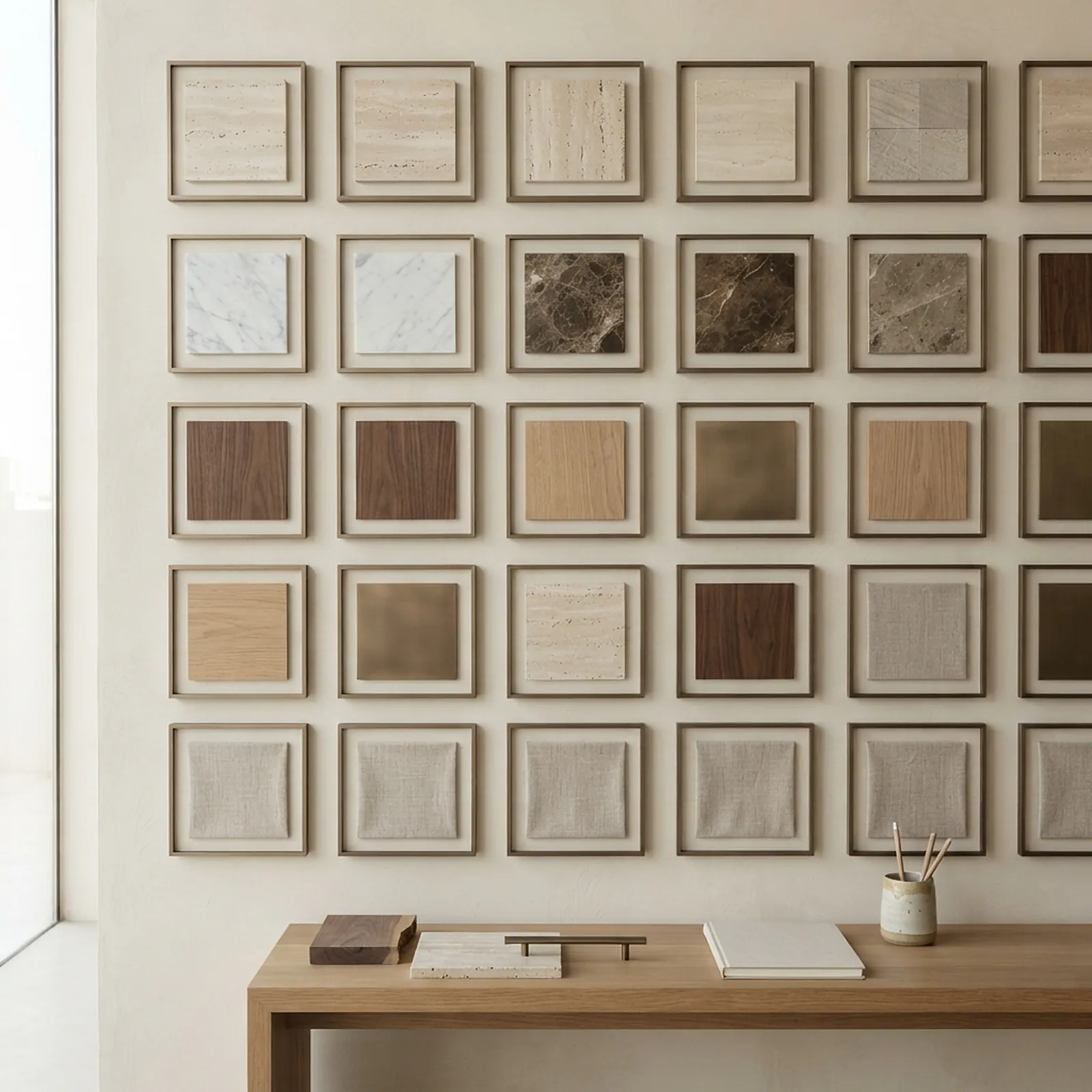 Wall of framed stone, wood and metal samples