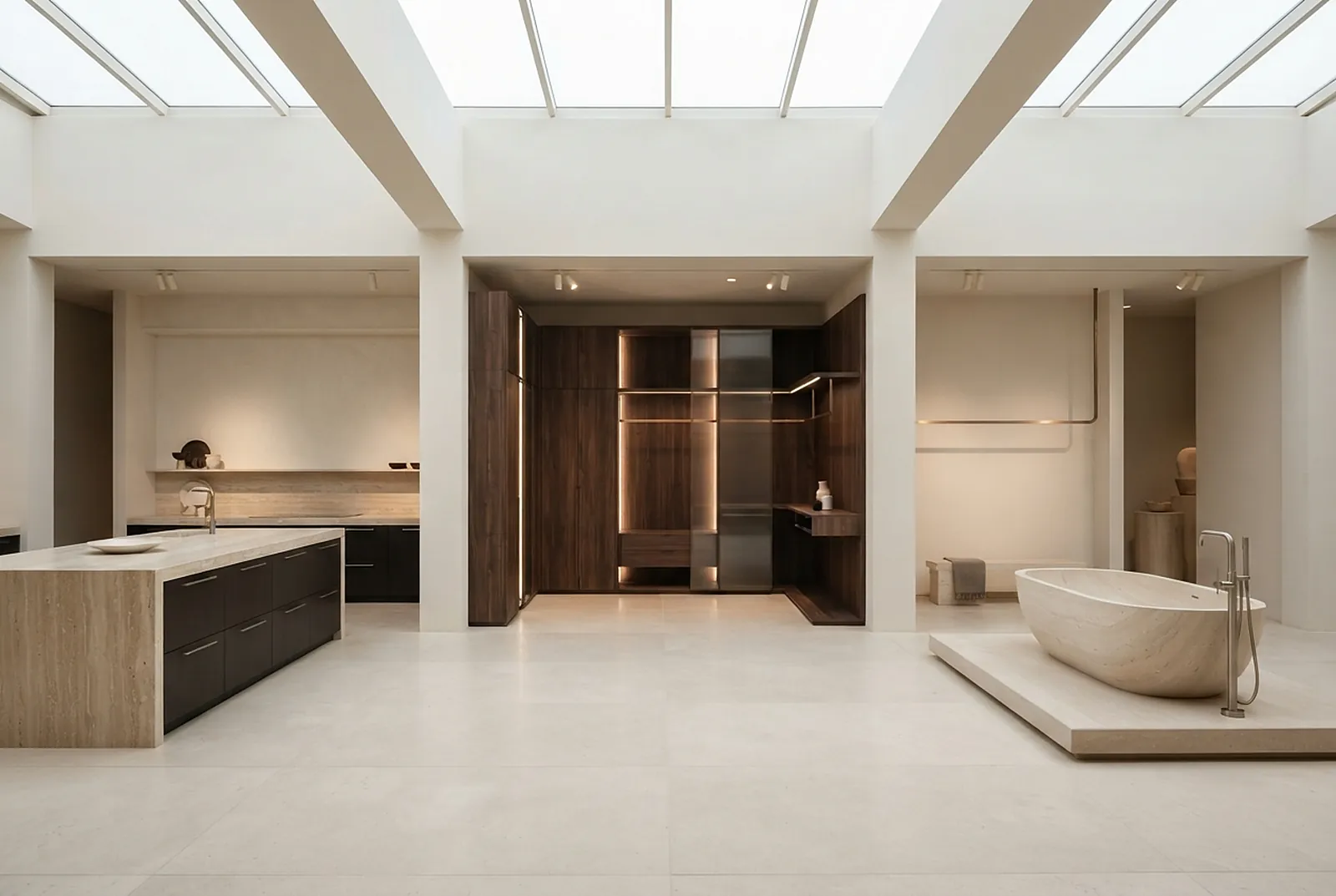 Showroom hall with full-scale kitchen, wardrobe and bath settings